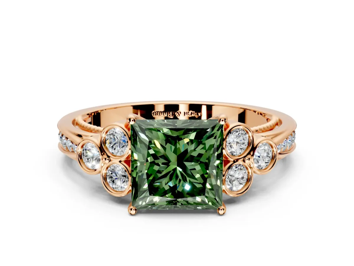 Cluster Engagement Ring Setting for Fancy Green Princess Cut Center with Bezel Accent Clusters and Prong Head in Rose Gold