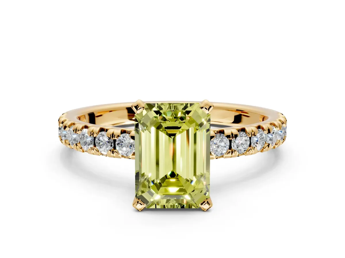 Solitaire Engagement Ring Setting for Fancy Yellow Emerald Cut Center with Large Accents and Prong Head in Yellow Gold