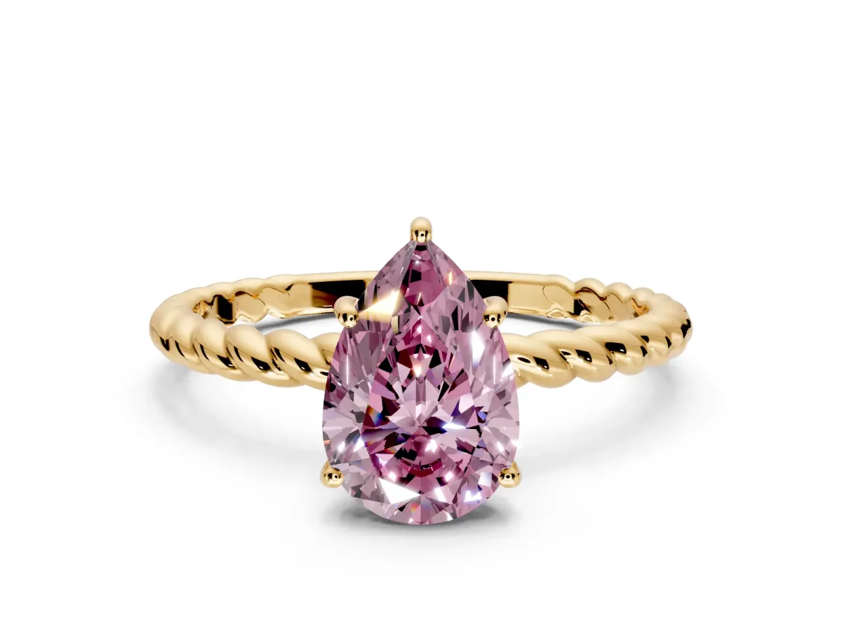 Solitaire Engagement Ring Setting for Fancy Pink Pear-Shaped Center with Plain Twisted Rope Band and Prong Head in Yellow Gold
