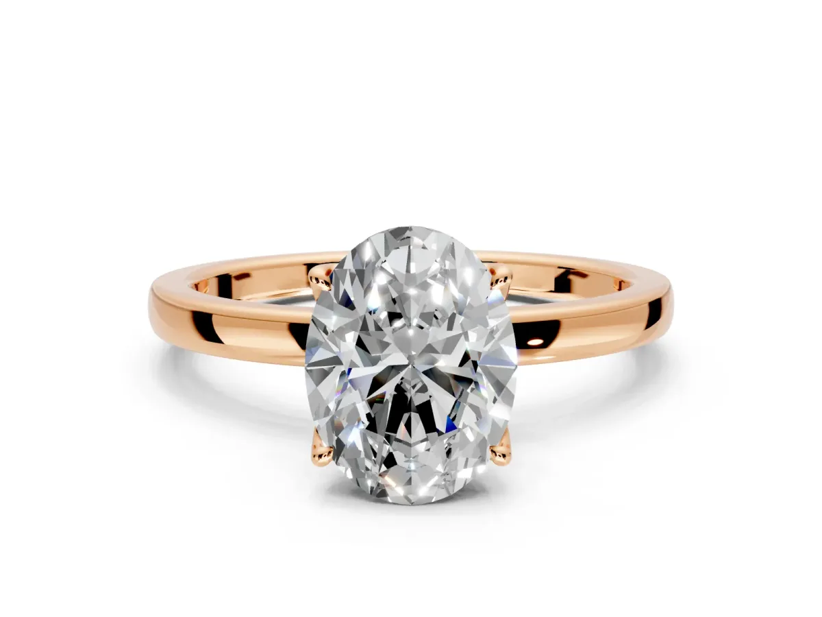 Solitaire Engagement Ring Setting for Oval Center with Thin Rounded Plain Band and Prong Head in Rose Gold