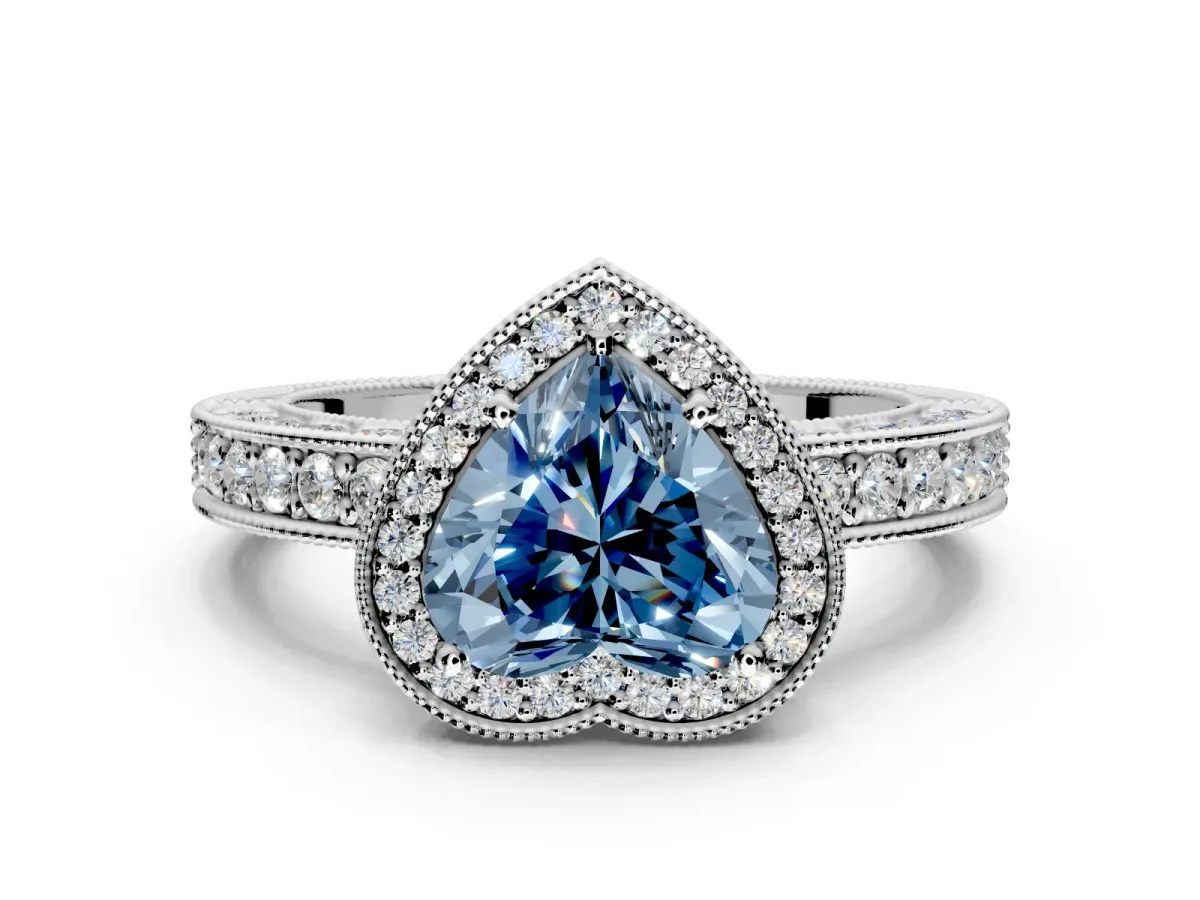 Milgrain Halo Engagement Ring Setting for Fancy Blue Heart-Shaped Center with Wide Pave Band and Prong Head in White Gold
