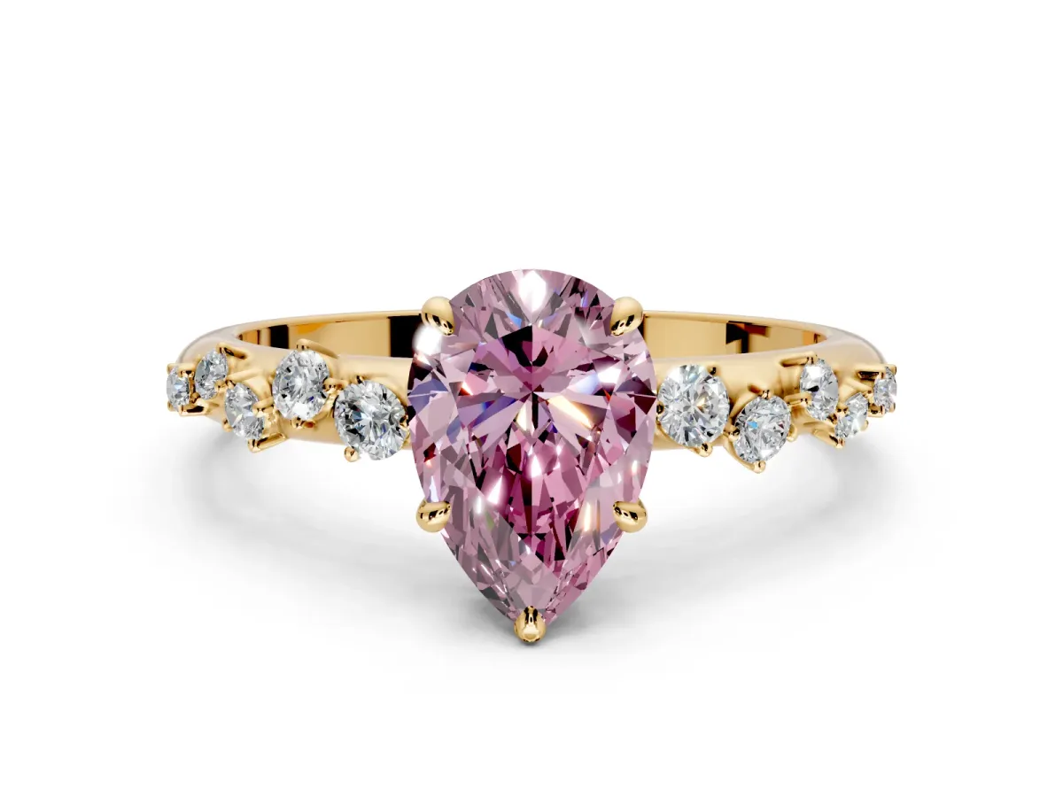 Cluster Engagement Ring Setting for Fancy Pink Pear-Shaped Center with Round Cut Accent Band and Prong Head in Yellow Gold