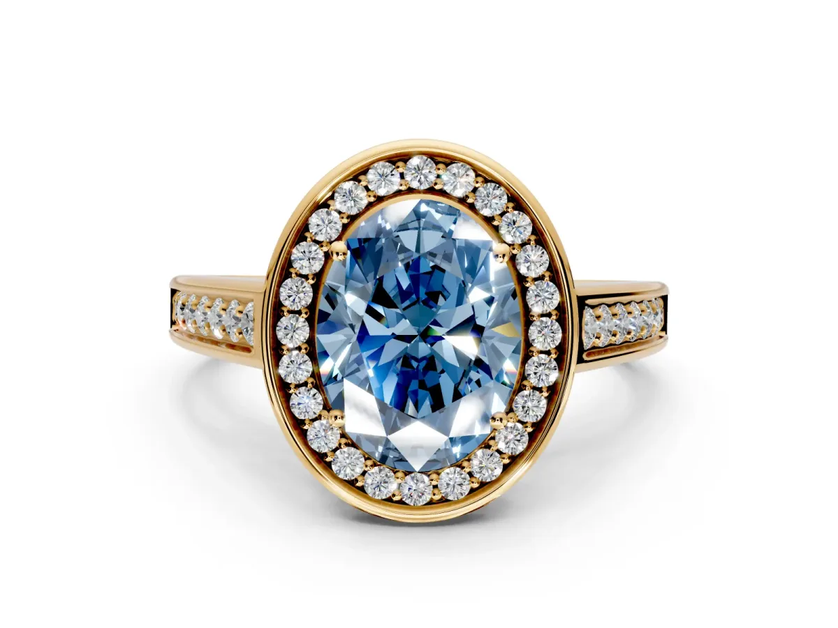 Halo Engagement Ring Setting for Fancy Blue Oval Center with Outer Bezel Rim, Pave Band and Prong Head in Yellow Gold