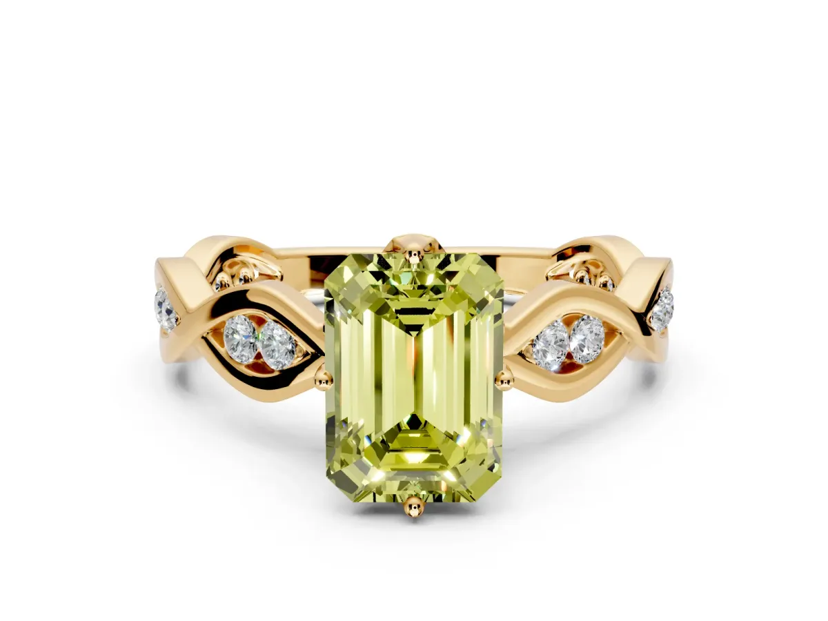 Solitaire Engagement Ring Setting for Fancy Yellow Emerald Cut Center with Accented Twist Band and Leaf Prong Head in Yellow Gold