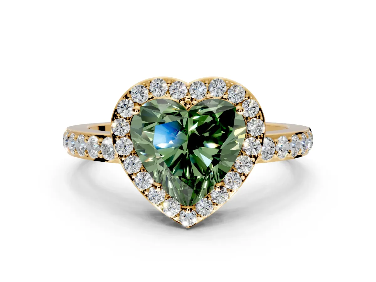 Halo Engagement Ring Setting for Fancy Green Heart-Shaped Center with Heart-Shaped Openwork, Pave Band and Prong Head in Yellow Gold