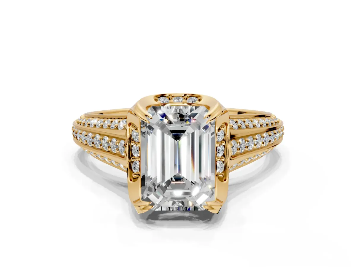 Solitaire Engagement Ring Setting for Emerald Cut Center with Accented Split Shank and Prong Head in Yellow Gold
