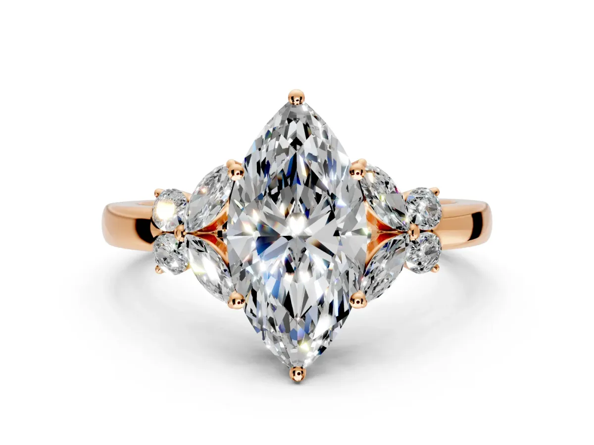 Solitaire Engagement Ring Setting for Marquise Center with Marquise Flower Shoulders and Prong Head in Rose Gold