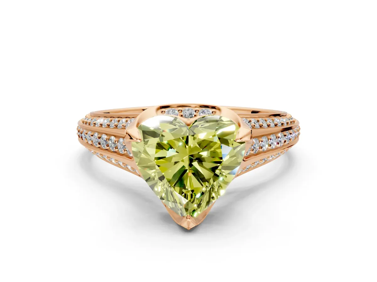 Solitaire Engagement Ring Setting for Fancy Yellow Heart-Shaped Center with Accented Split Shank and Prong Head in Rose Gold