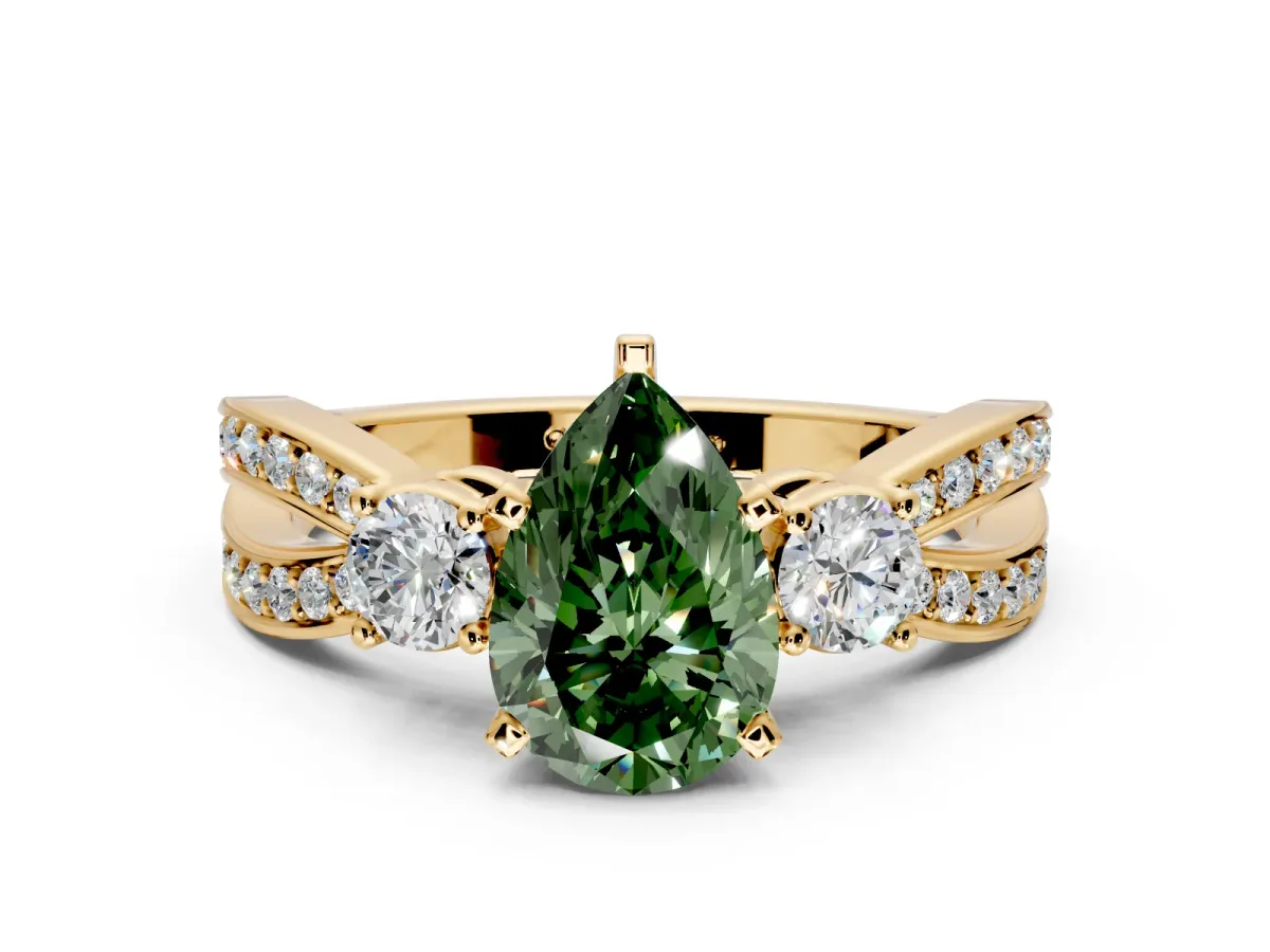 3 Stone Engagement Ring Setting for Fancy Green Pear-Shaped Center with Pave Twist Band and Prong Head in Yellow Gold