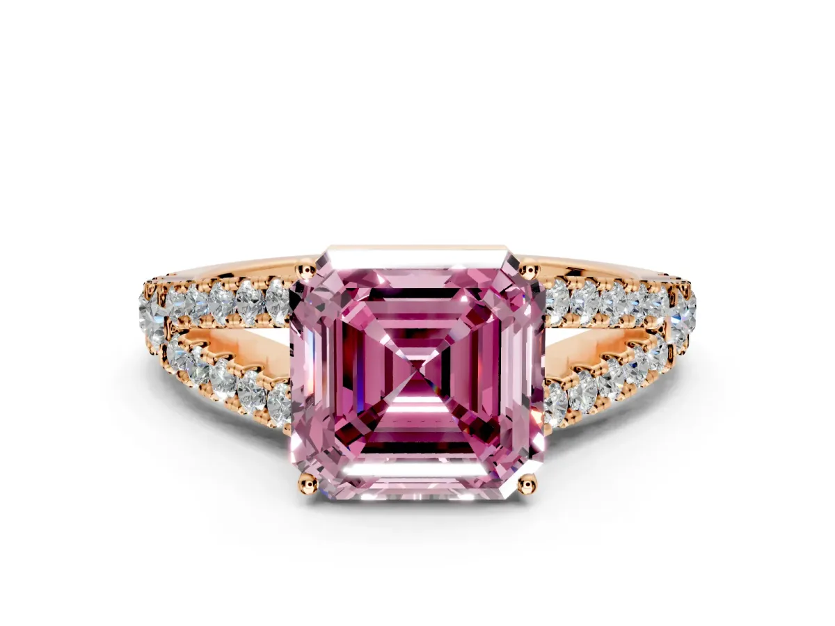 Solitaire Engagement Ring Setting for Fancy Pink Asscher Cut Center with Pave Split Shank and Prong Head in Rose Gold