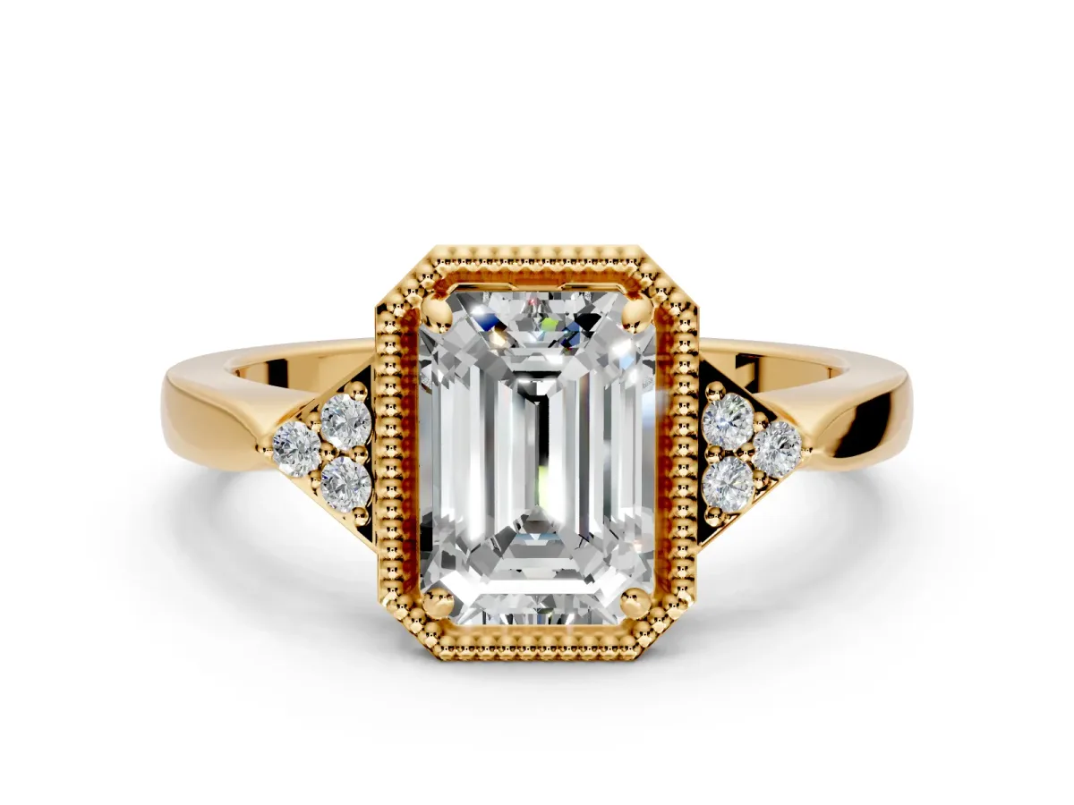 Cluster Engagement Ring Setting for Emerald Cut Center with Milgrain Shoulder Clusters and Prong Head in Yellow Gold
