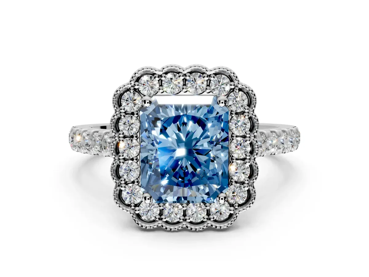 Milgrain Floral Halo Engagement Ring Setting for Fancy Blue Radiant Cut Center with Pave Band and Prong Head in Platinum