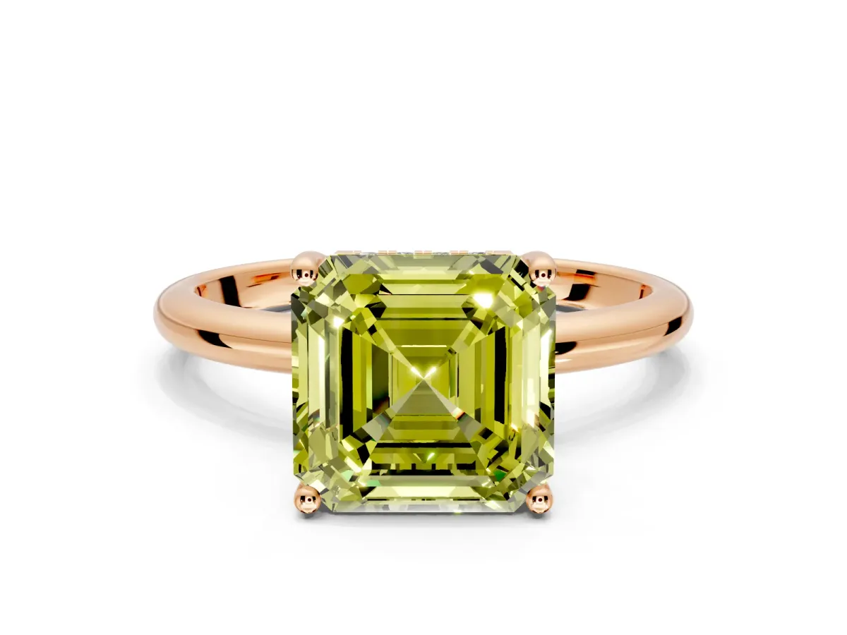 Hidden Halo Engagement Ring Setting for Fancy Yellow Asscher Cut Center with Thin Round-Wire Band and Prong Head in Rose Gold
