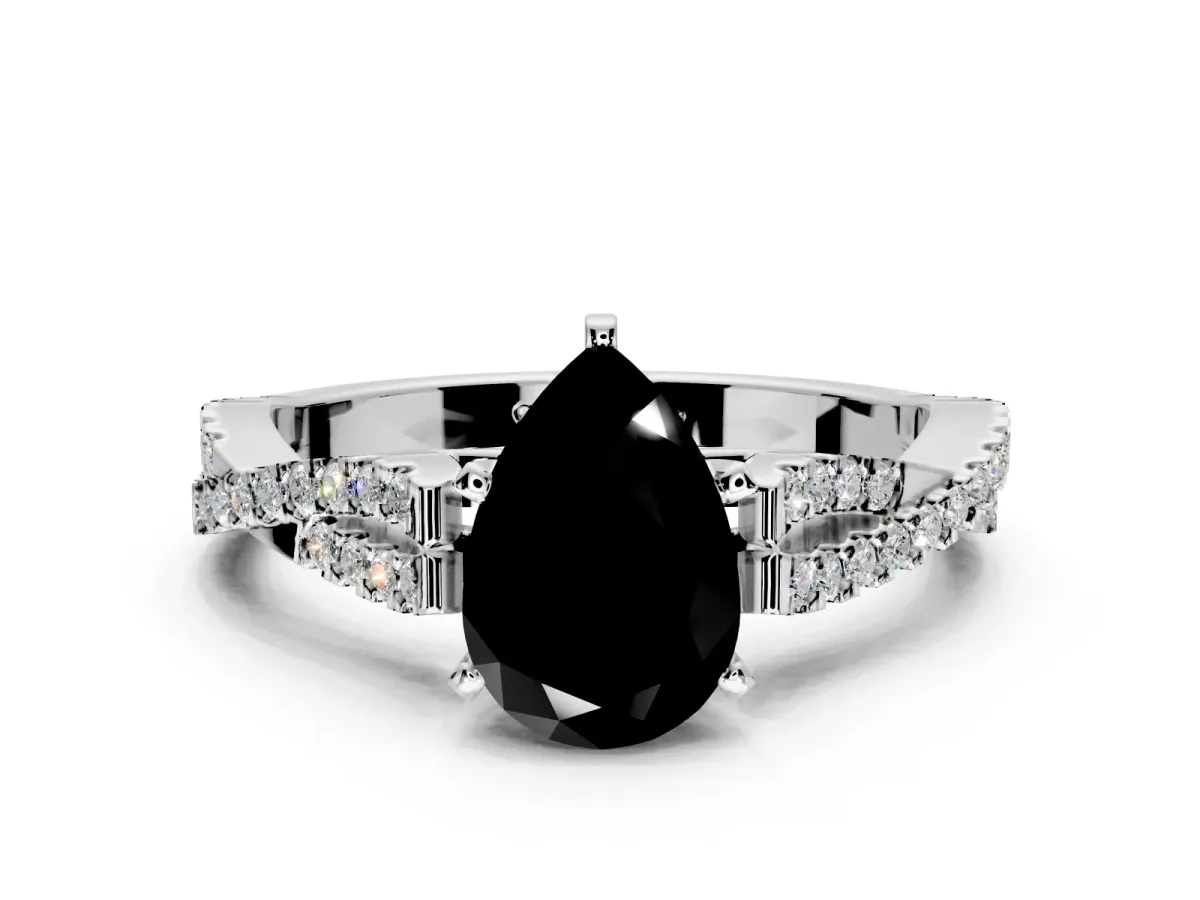 Solitaire Engagement Ring Setting for Fancy Black Pear-Shaped Center with Twisted Pave Split Shank and Prong Head in Sterling Silver