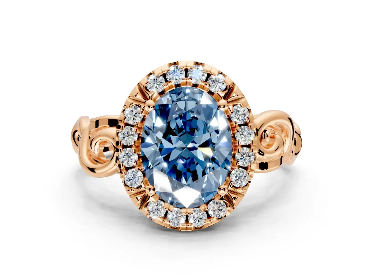 Halo Engagement Ring Setting for Fancy Blue Oval Center with Open Scroll Shoulders and Prong Head in Rose Gold