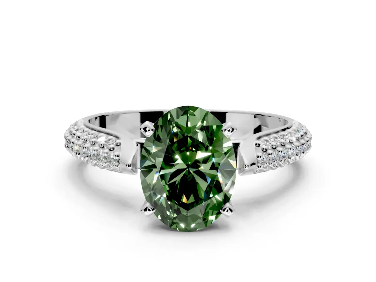 Solitaire Engagement Ring Setting for Fancy Green Oval Center with Multi-Row Accents and Prong Head in Platinum