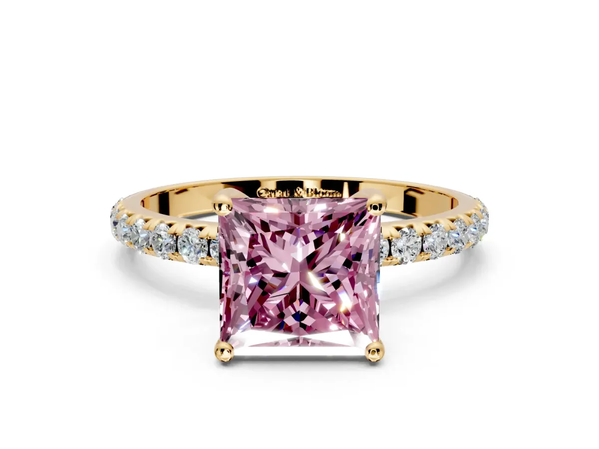Solitaire Engagement Ring Setting for Fancy Pink Princess Cut Center with Micro Pave Band and Prong Head in Yellow Gold