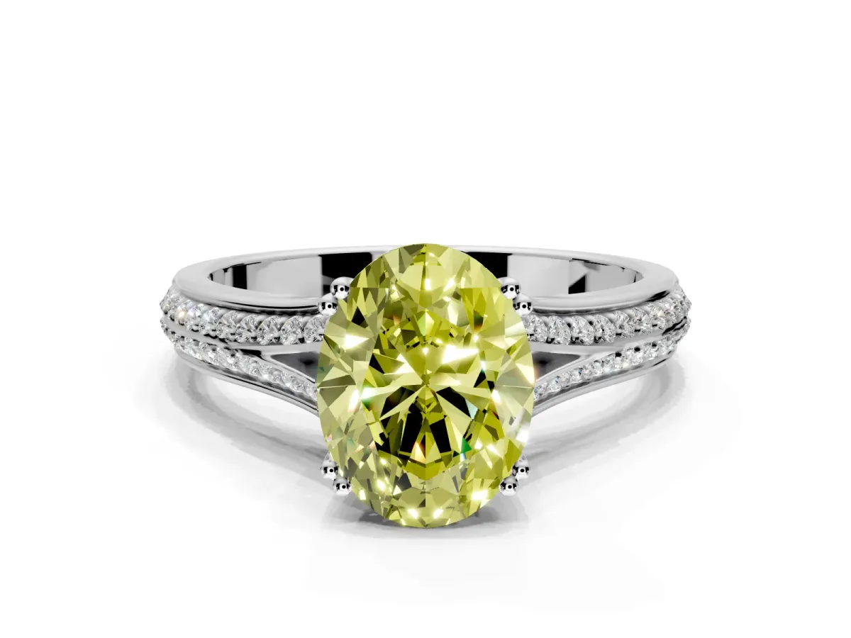 Solitaire Engagement Ring Setting for Fancy Yellow Oval Center with Pave Rail Split Shank and Prong Head in White Gold