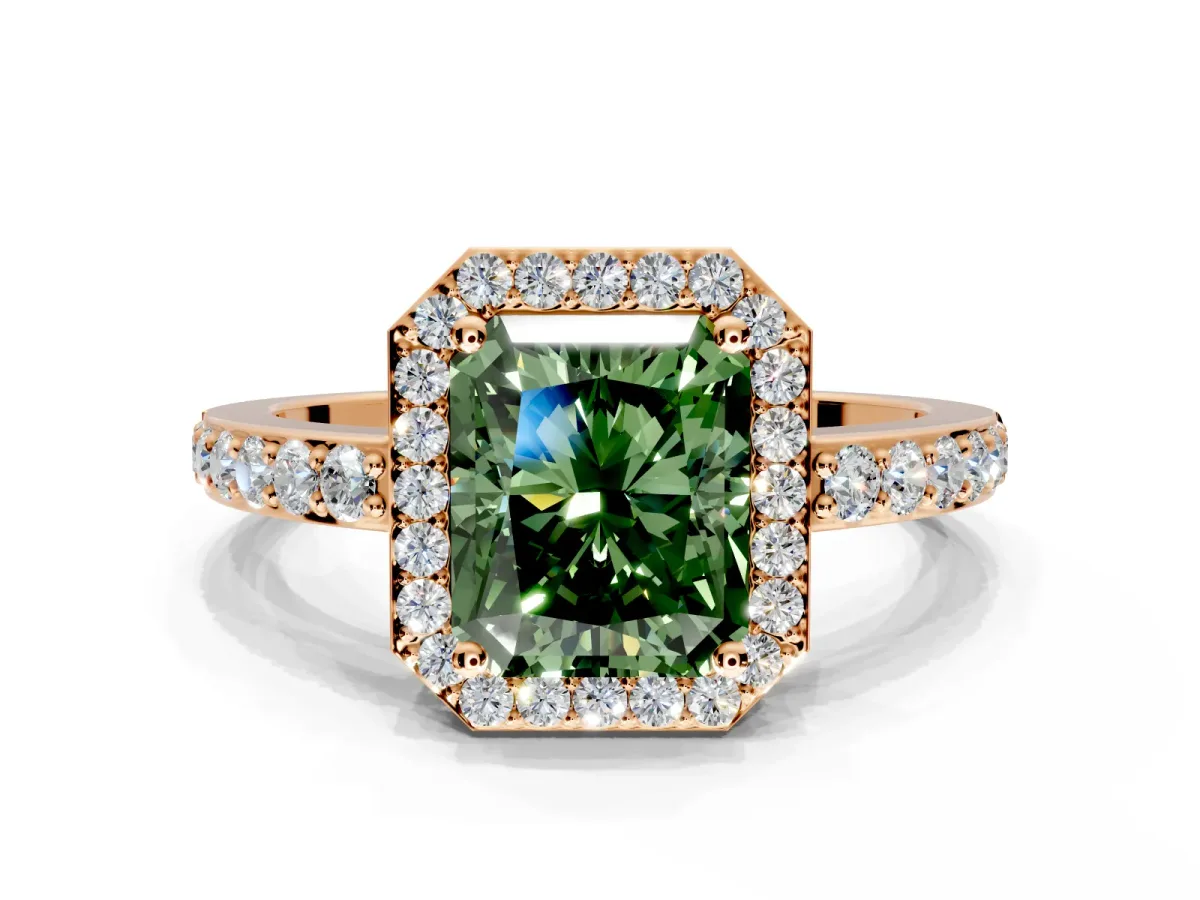 Halo Engagement Ring Setting for Fancy Green Radiant Cut Center with Heart-Shaped Openwork, Pave Band and Prong Head in Rose Gold