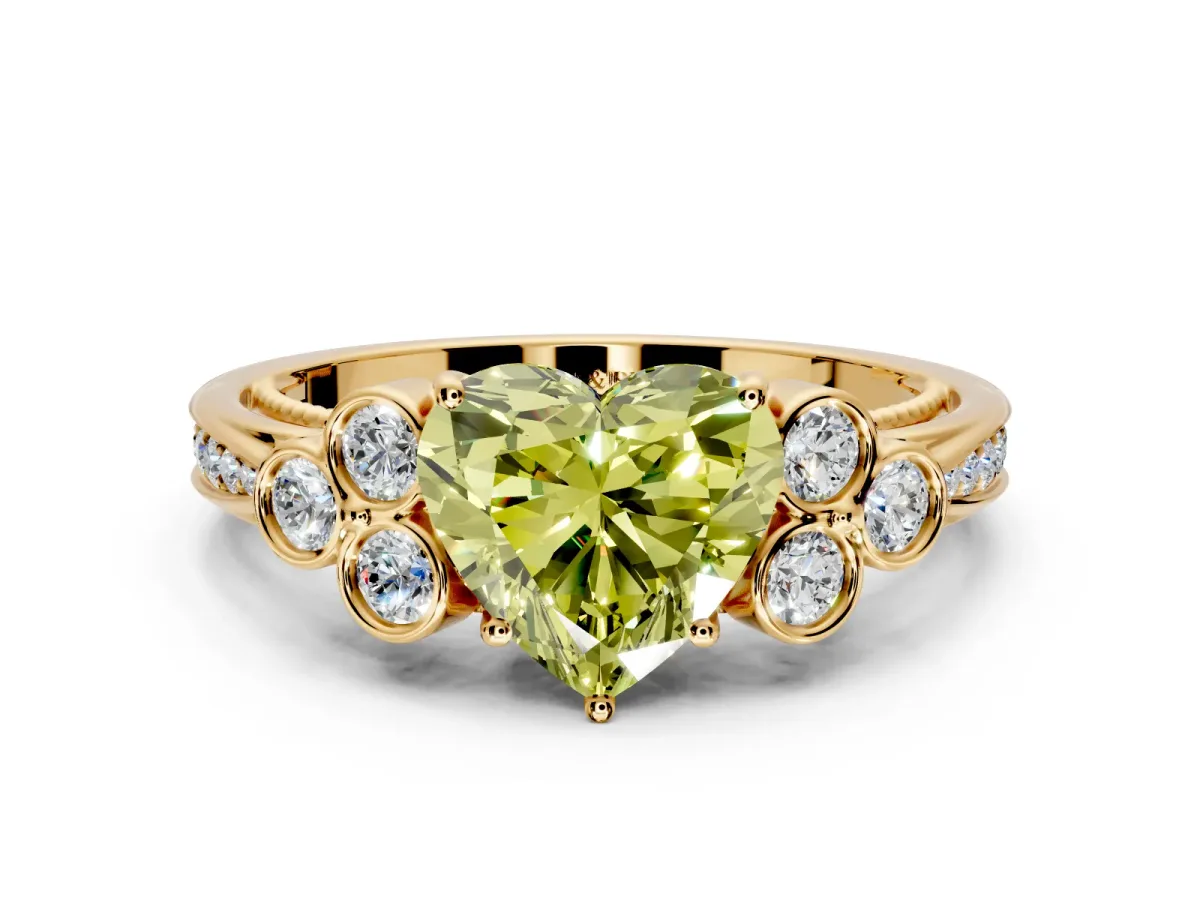 Cluster Engagement Ring Setting for Fancy Yellow Heart-Shaped Center with Bezel Accent Clusters and Prong Head in Yellow Gold