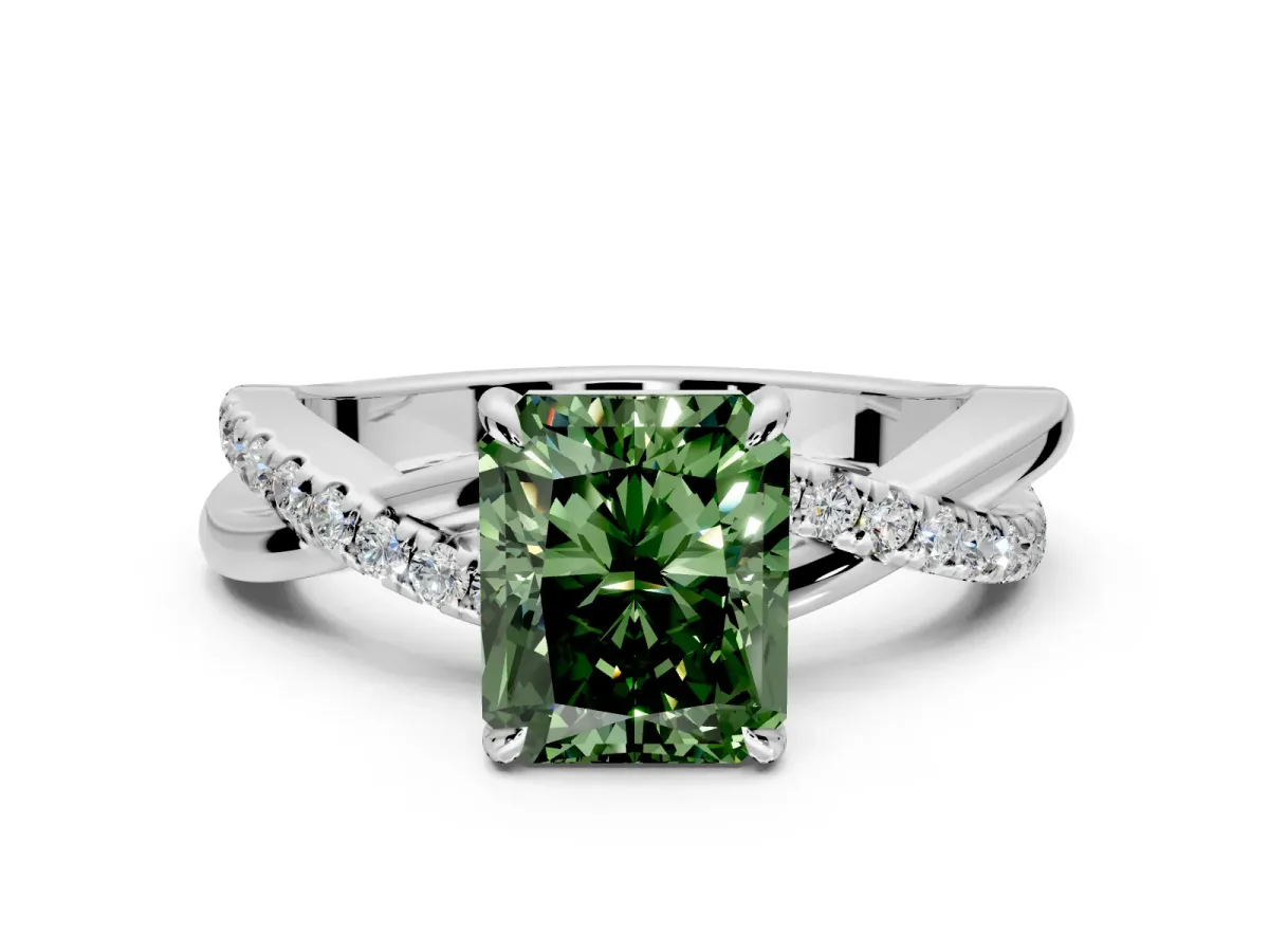 Crossover Engagement Ring Setting for Fancy Green Radiant Cut Center with Pave and Plain Strands and Prong Head in Platinum