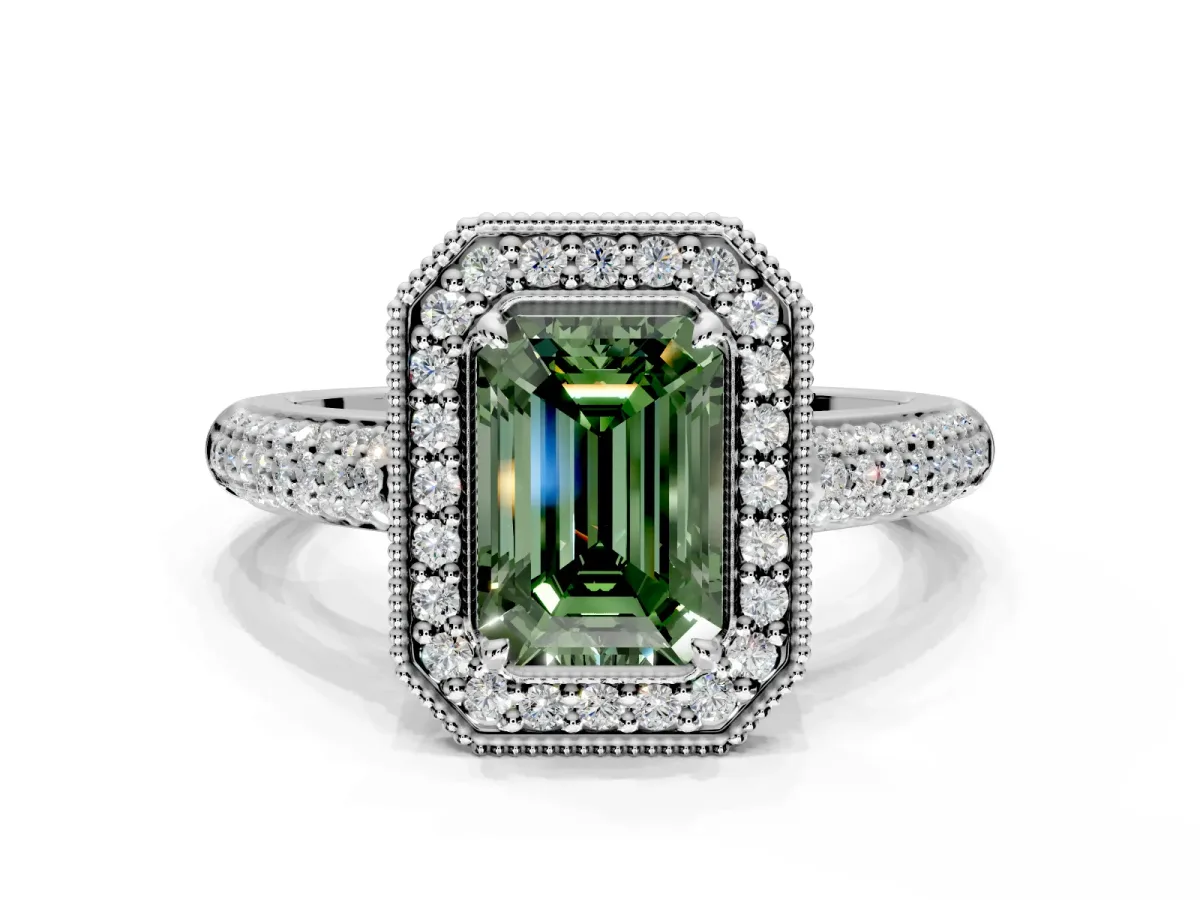 Milgrain Halo Engagement Ring Setting for Fancy Green Emerald Cut Center with Three-Sided Pave Band and Prong Head in Platinum