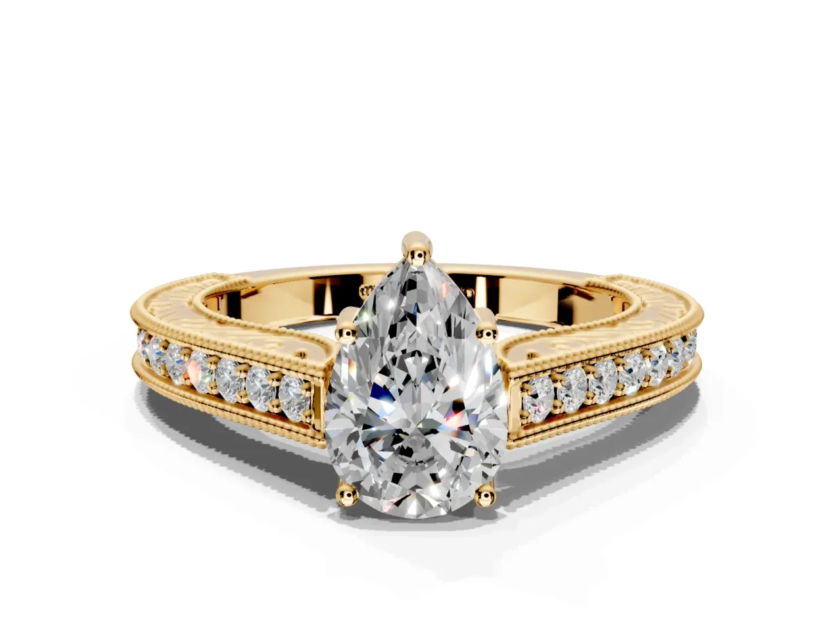 Solitaire Engagement Ring Setting for Pear-Shaped Center with Engraved Pave Band and Prong Head in Yellow Gold