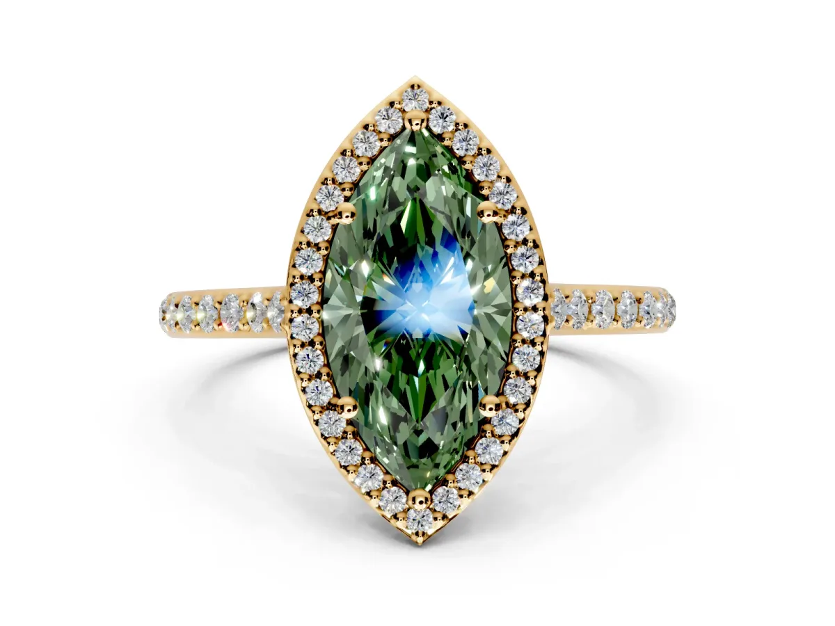 Halo Engagement Ring Setting for Fancy Green Marquise Center with Pave Accents, Heart Basket and Prong Head in Yellow Gold