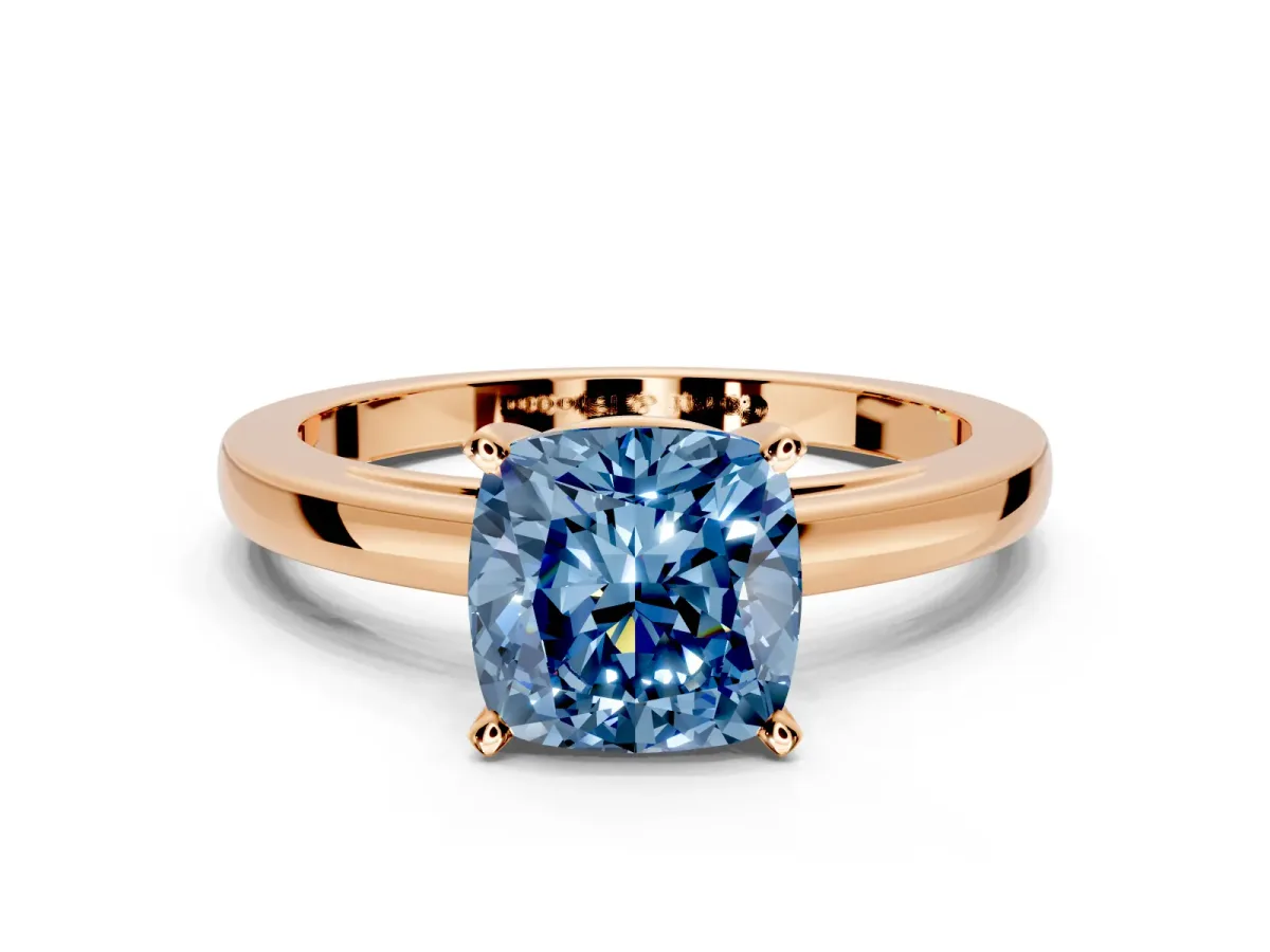 Solitaire Engagement Ring Setting for Fancy Blue Cushion Cut Center with Basket Rail and Prong Head in Rose Gold