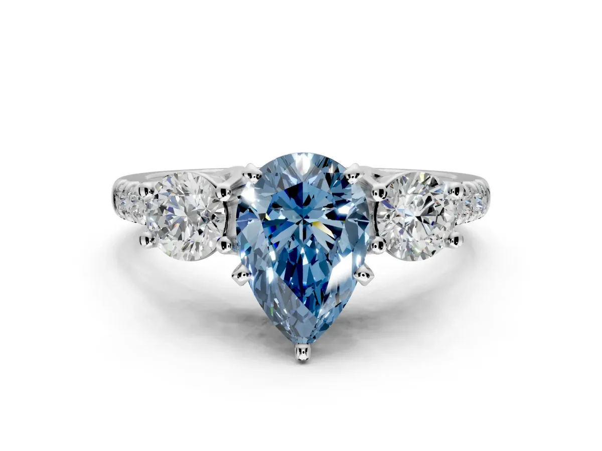 3 Stone Engagement Ring Setting for Fancy Blue Pear-Shaped Center with Crossover Basket, Pave Band and Prong Head in Sterling Silver