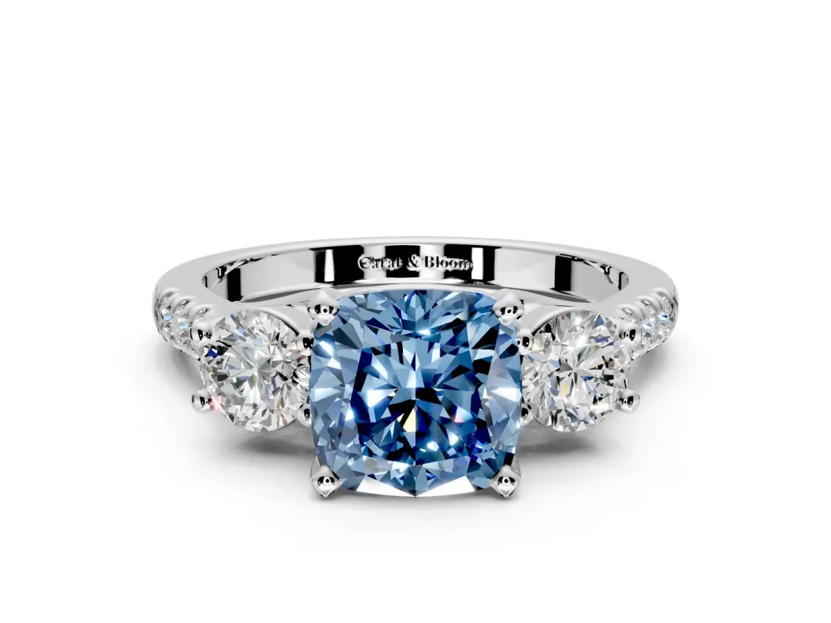 3 Stone Engagement Ring Setting for Fancy Blue Cushion Cut Center with Crossover Basket, Pave Band and Prong Head in White Gold
