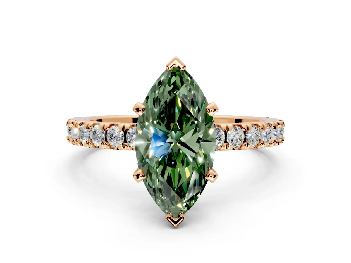 Solitaire Engagement Ring Setting for Fancy Green Marquise Center with Fine Pave Band and Claw Prong Head in Rose Gold