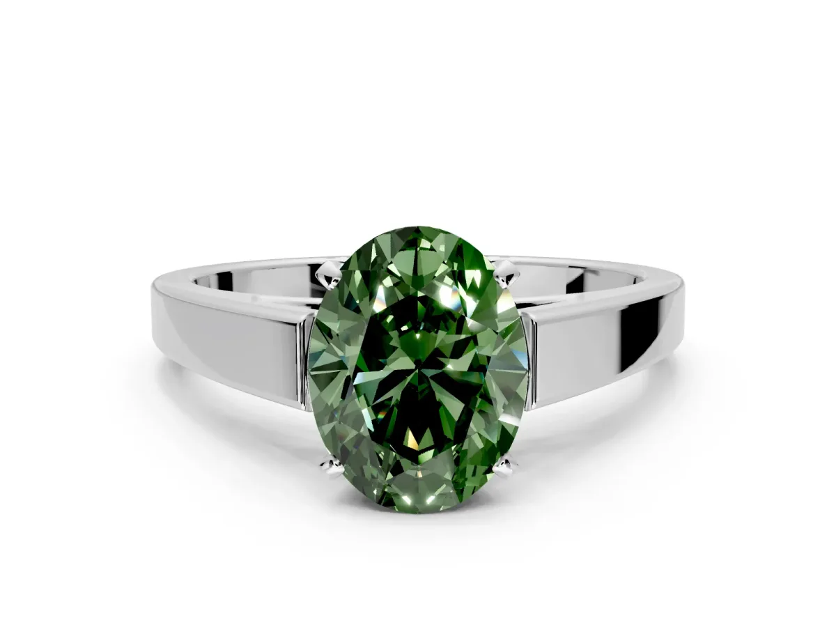 Solitaire Engagement Ring Setting for Fancy Green Oval Center with Tapered Split Shoulders and Prong Head in Sterling Silver