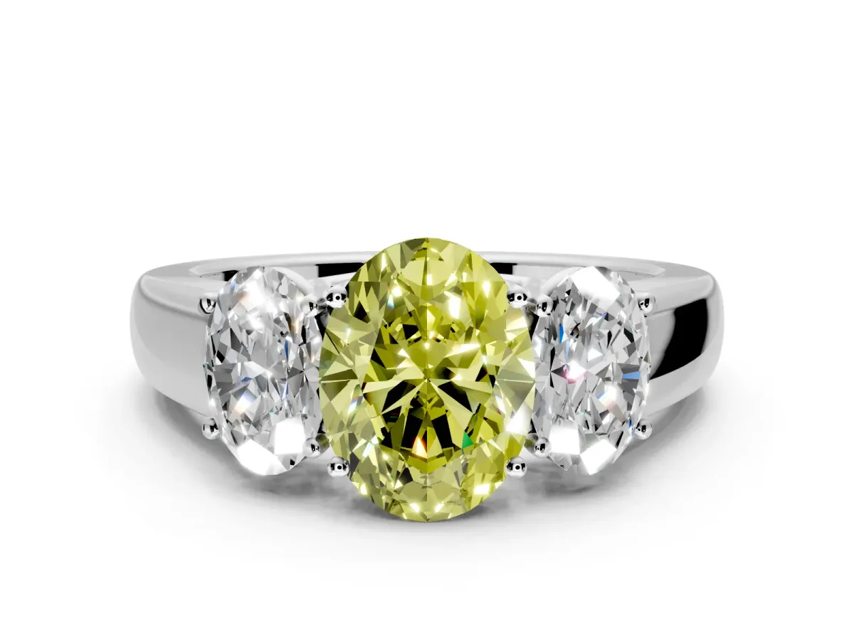 3 Stone Engagement Ring Setting for Fancy Yellow Oval Center with Raised Basket Heads and Prong Head in Platinum