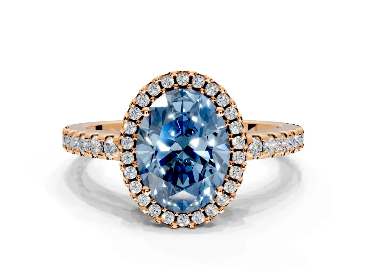 Accent Halo Engagement Ring Setting for Fancy Blue Oval Center with Full-Length Pave Band and Prong Head in Rose Gold