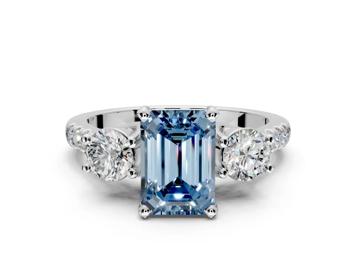 3 Stone Engagement Ring Setting for Fancy Blue Emerald Cut Center with Crossover Basket, Pave Band and Prong Head in White Gold
