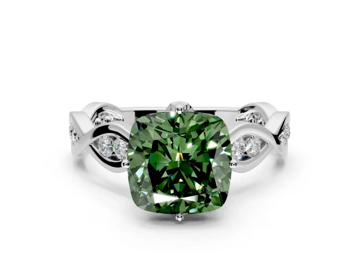 Solitaire Engagement Ring Setting for Fancy Green Cushion Cut Center with Accented Twist Band and Leaf Prong Head in Platinum
