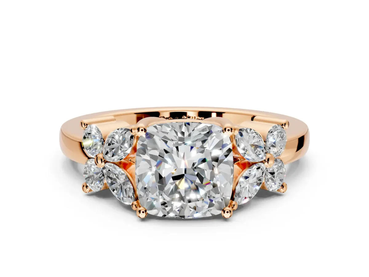 Floral Engagement Ring Setting for Cushion Cut Center with Marquise Cluster Shoulders and Prong Head in Rose Gold