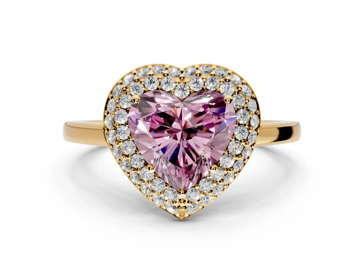 Halo Engagement Ring Setting for Fancy Pink Heart-Shaped Center with Plain Tapered Band and Prong Head in Yellow Gold