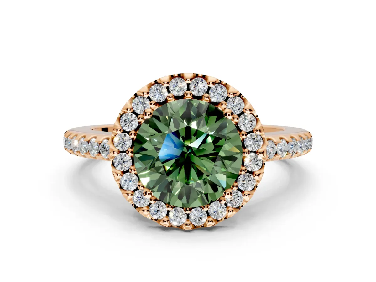 Pave Halo Engagement Ring Setting for Fancy Green Round Cut Center with Single Row Pave Band and Prong Head in Rose Gold