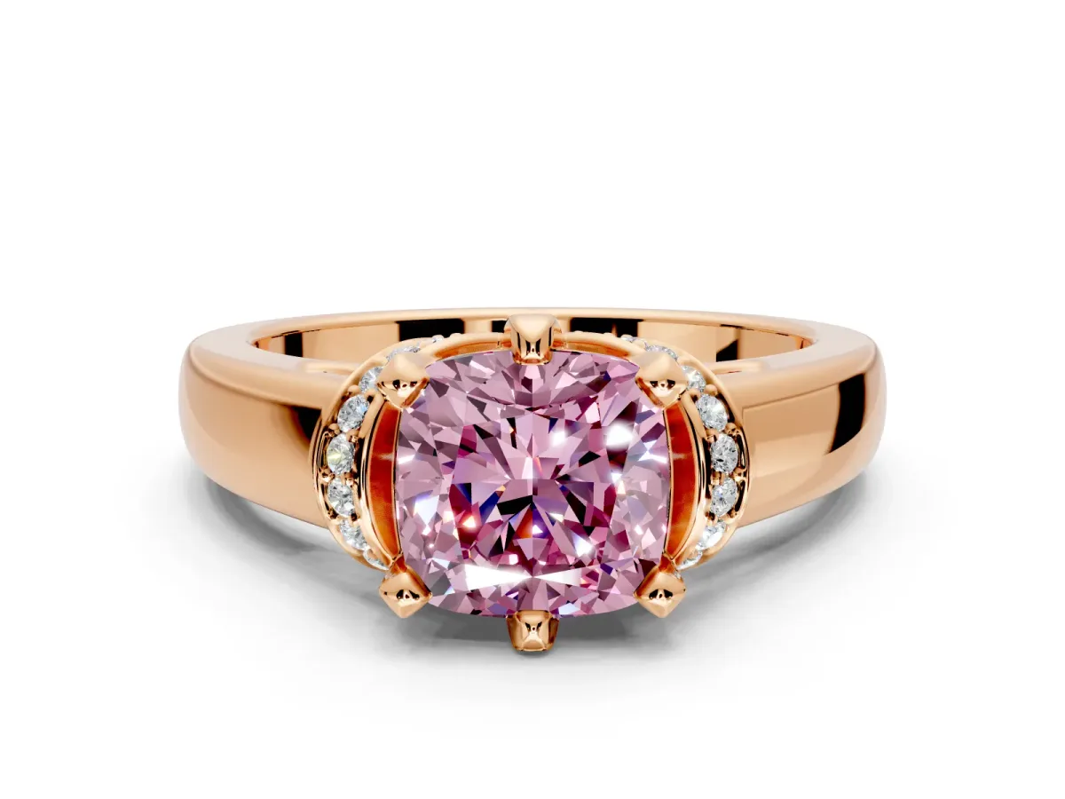 Solitaire Engagement Ring Setting for Fancy Pink Cushion Cut Center with Wide Band, Pave Collar and Prong Head in Rose Gold
