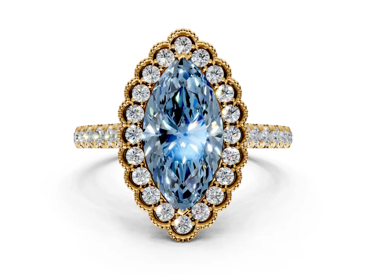 Milgrain Floral Halo Engagement Ring Setting for Fancy Blue Marquise Center with Pave Band and Prong Head in Yellow Gold