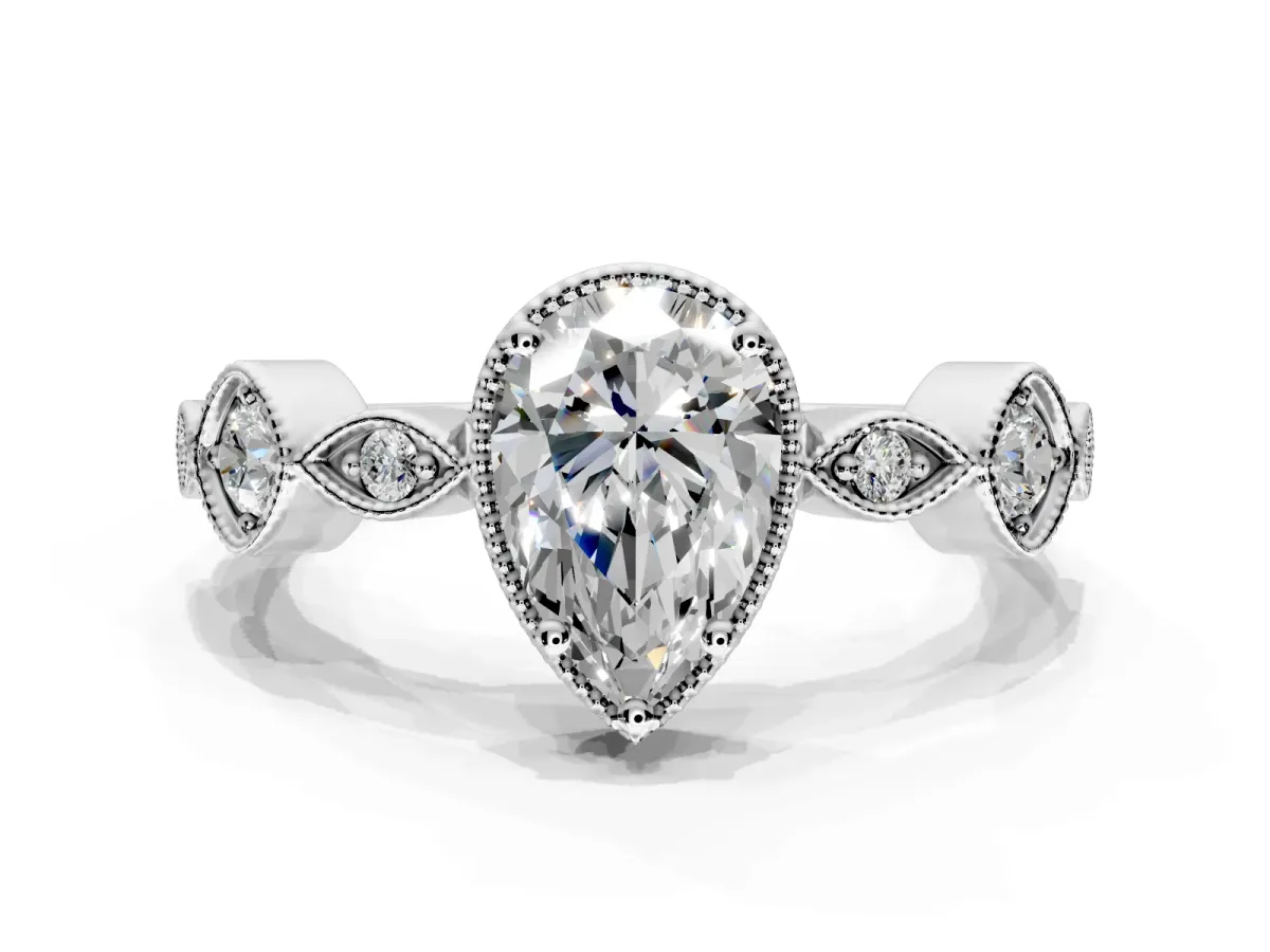Vintage Station Engagement Ring Setting for Pear-Shaped Center with Accents and Prong Head in White Gold