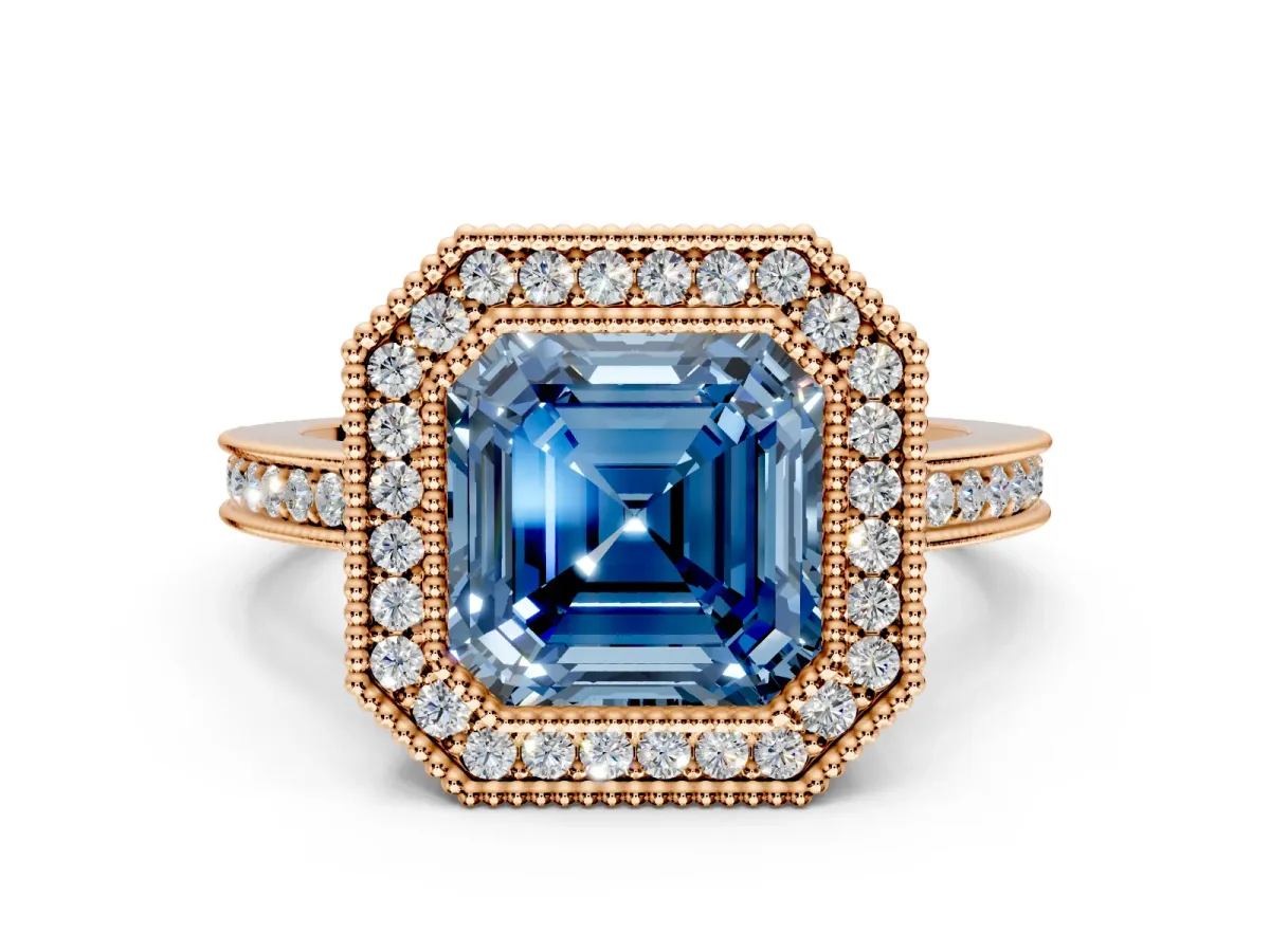 Halo Engagement Ring Setting for Fancy Blue Asscher Cut Center with Milgrain Halo, Pave Band and Prong Head in Rose Gold