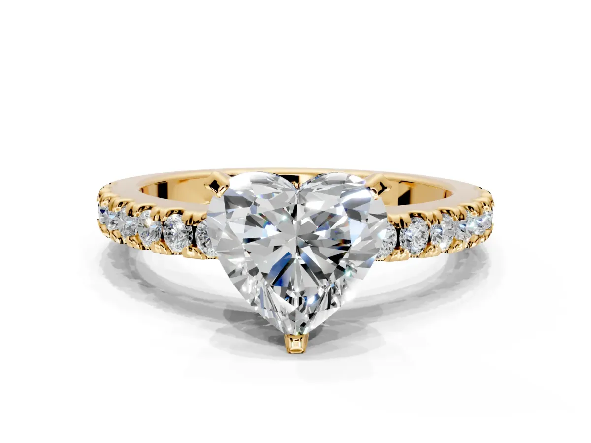 Solitaire Engagement Ring Setting for Heart-Shaped Center with Single Row Accent Band and Prong Head in Yellow Gold