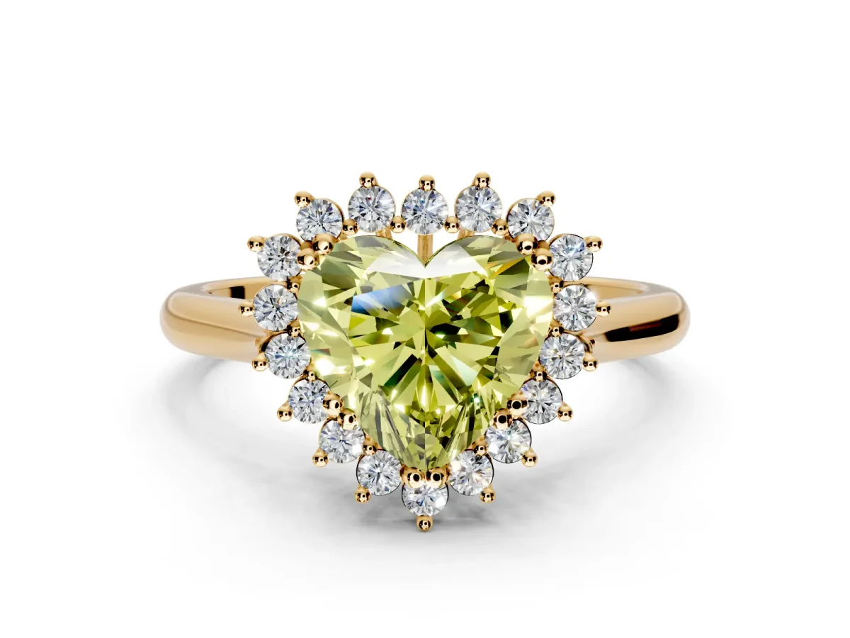Starburst Halo Engagement Ring Setting for Fancy Yellow Heart-Shaped Center with Thin Round-Wire Band and Prong Head in Yellow Gold
