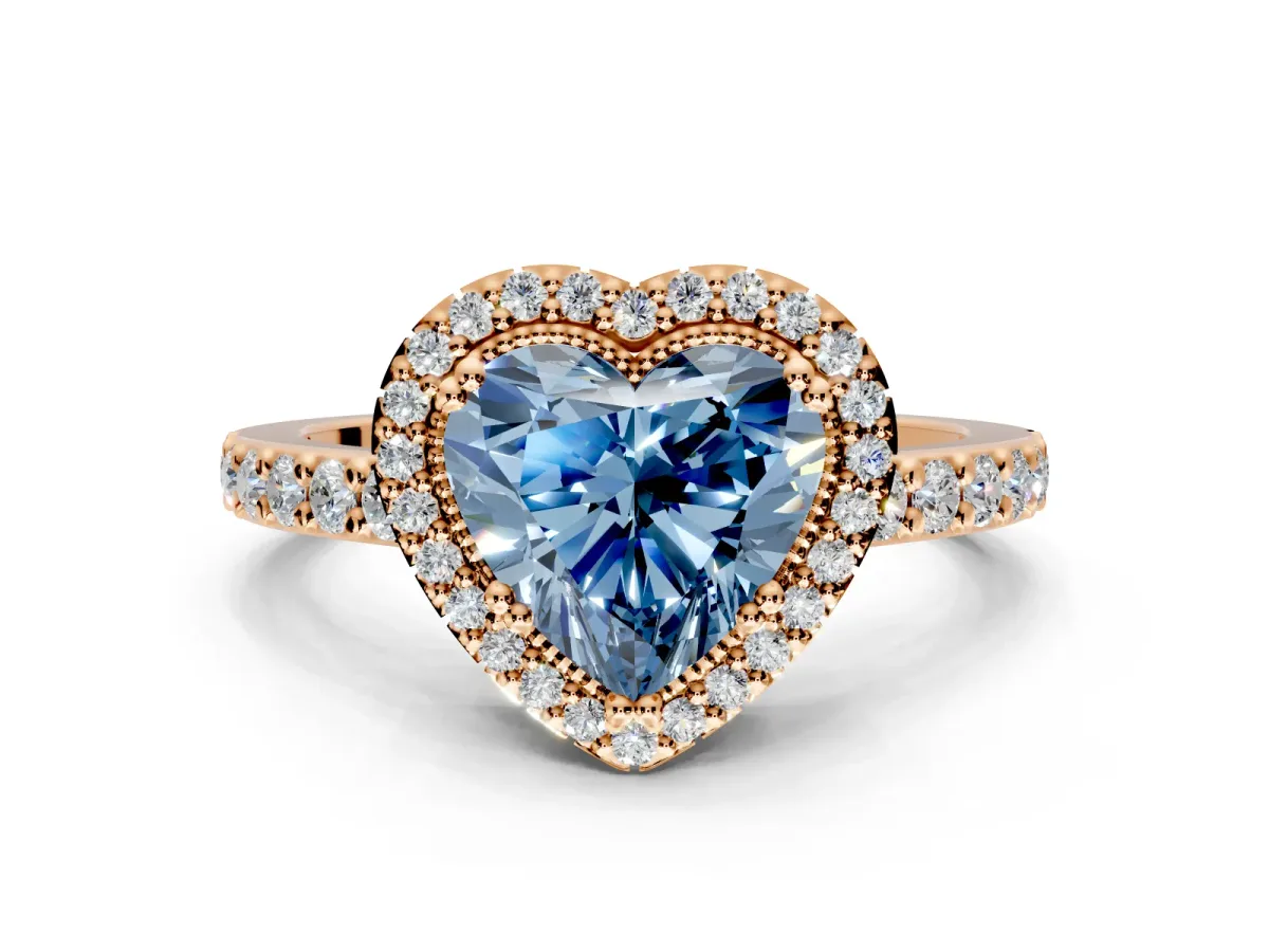 Halo Engagement Ring Setting for Fancy Blue Heart-Shaped Center with Inner Milgrain Border and Prong Head in Rose Gold
