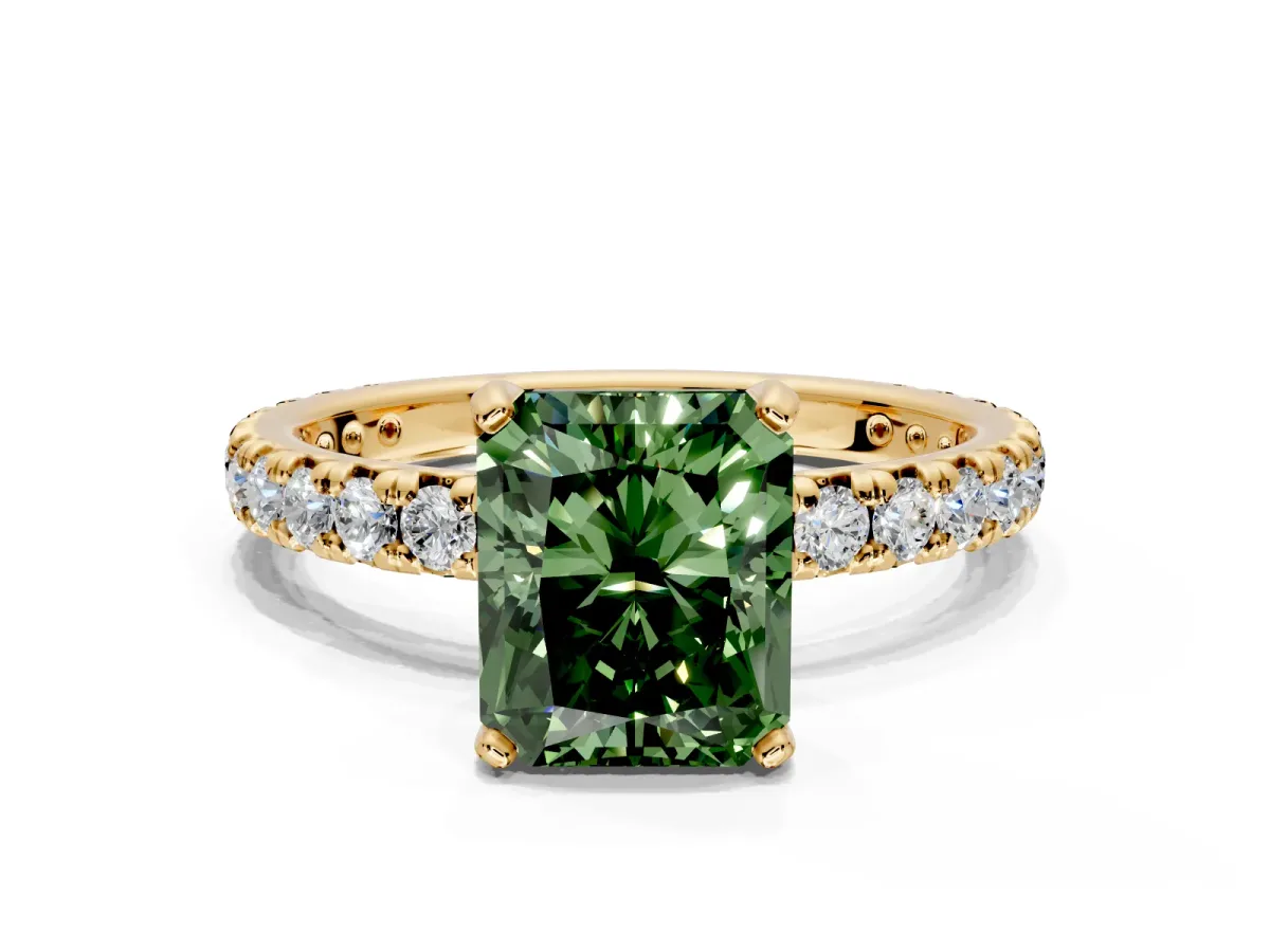 Solitaire Engagement Ring Setting for Fancy Green Radiant Cut Center with Shared-Prong Accents and Prong Head in Yellow Gold