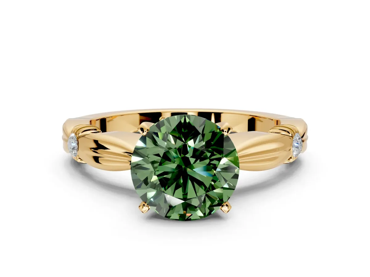 Solitaire Engagement Ring Setting for Fancy Green Round Cut Center with Carved Leaf Shoulders and Prong Head in Yellow Gold