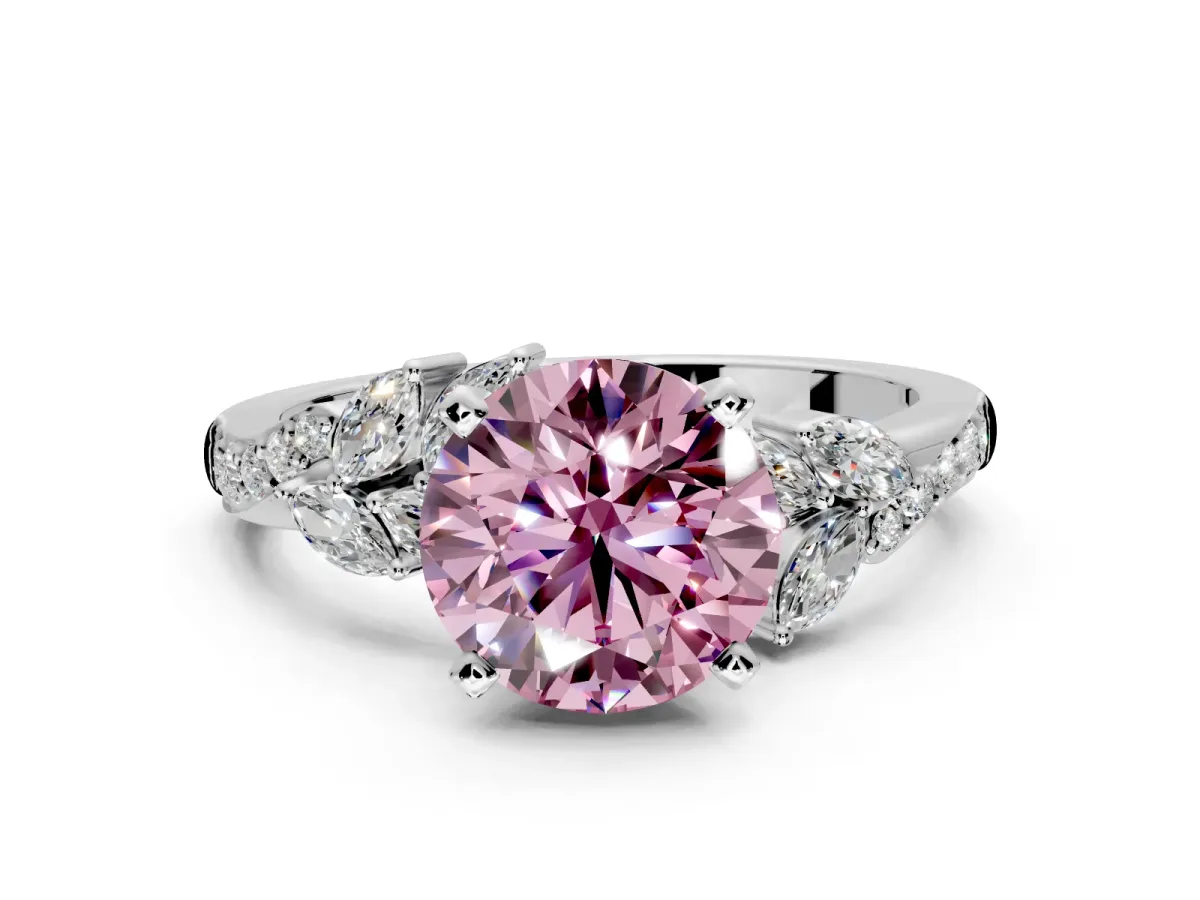 Solitaire Engagement Ring Setting for Fancy Pink Round Cut Center with Marquise Accent Twist Band and Prong Head in White Gold
